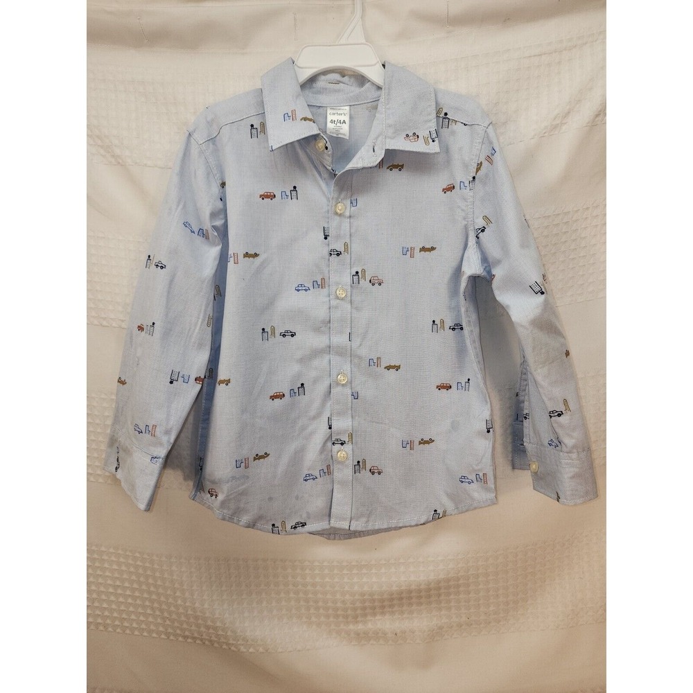Carters Boys 4T Blue Car Print Long Sleeve Button Down Collared Shirt NWT 4246